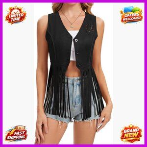 Large Faux Suede Fringe Vest Western Cowgirl Sleeveless Jacket